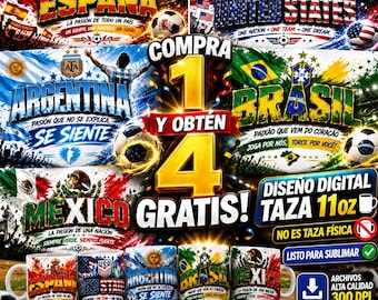 Pacote de Adesivos para Caneca de Futebol | Designs Digitais para Caneca de 325ml | Sublimação PNG | Espanha, México, Argentina, Brasil, EUA | Download Digital