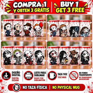 Puede incluir: Una colección de dieciséis tazas de cerámica blanca con perros de dibujos animados disfrazados de villanos de películas de terror, con salpicaduras de sangre roja. El texto incluye COMPRA 1 Y OBTEN 3 GRATIS, BUY 1 GET 3 FREE, DISEÑO DIGITAL, READY FOR SUBLIMATION, TAZA 110Z MUG y NO TAZA FÍSICA.