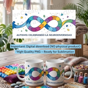 Puede incluir: Dos tazas de cerámica blanca con un diseño de símbolo de infinito de piezas de rompecabezas de colores y el texto "AUTISMO: CELEBRANDO LA NEURODIVERSIDAD". Las tazas están sobre una mesa de madera con varios juguetes sensoriales.