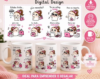 Adesivo engraçado para caneca de compras PNG | Design de caneca com frase sobre terapia de compras | Design para sublimação de caneca de 325ml | Adesivo fofo e kawaii para caneca | Download instantâneo PNG