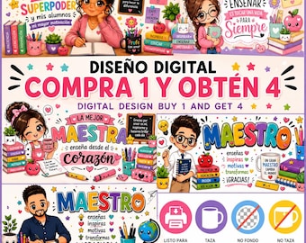 Lehrer- und Schul-Tassenmanschetten-Set | 1 kaufen, 4 gratis | 5 PNG-Designs | Sublimationsdesign für 325 ml Tassen | Digitaler Download