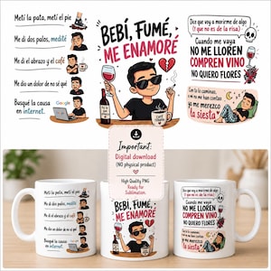 Puede incluir: Tazas de cerámica blanca con ilustraciones y texto humorístico en español. Una taza presenta un hombre de dibujos animados con una botella de vino y un cigarrillo, el texto dice "BEBI, FUME, ME ENAMORE". Otra taza tiene un poema sobre vino y siestas.