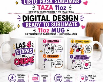 Die 4 Phasen des Klatsches | Design für 325-ml-Tassen (PNG) | Design für Tassensublimation | Lustige spanische Tasse | Digitaler Download