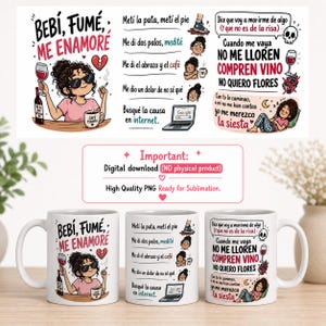 Könnte beinhalten: Drei weiße Keramikbecher mit humorvollen Illustrationen und Text auf Spanisch. Jeder Becher hat ein anderes Design mit einer Cartoon-Frau, Wein und Sätzen wie "Ich trank, rauchte, verliebte mich". Die Becher sind für den digitalen Download.