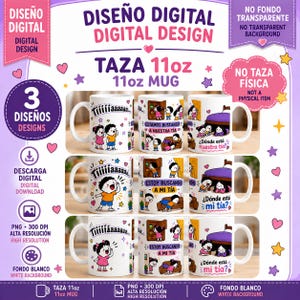 Puede incluir: Un archivo de diseño digital para una taza de 11oz con tres ilustraciones de dibujos animados de niños buscando a su tía. Los gráficos incluyen texto en español como Tiiiiiiaaaaa, Estamos buscando a nuestra tía y ¿Dónde está nuestra tía?