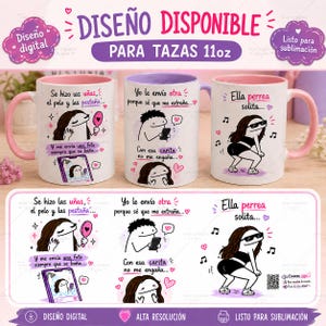 May include: Three white ceramic mugs with pink and purple interiors and handles, featuring cartoon illustrations and Spanish text. The designs include characters with long brown hair, mirrors, smartphones, and dancing poses, with text like Se hizo las uñas.