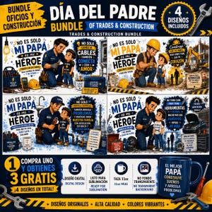 Puede incluir: Un paquete digital de cuatro diseños para el Día del Padre con ilustraciones de trabajadores y niños con texto en español. Incluye un gráfico de taza azul de 325 ml, herramientas de construcción e iconos para descarga digital y sublimación.