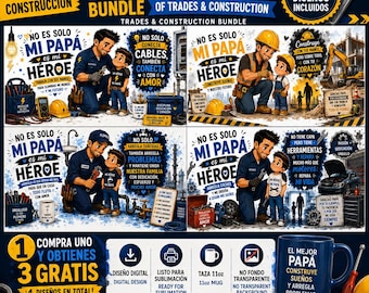 4 designs PNG para o Dia dos Pais com temas de profissões: Eletricista, Operário da Construção Civil, Encanador e Mecânico | Pacote de adesivos para caneca para sublimação