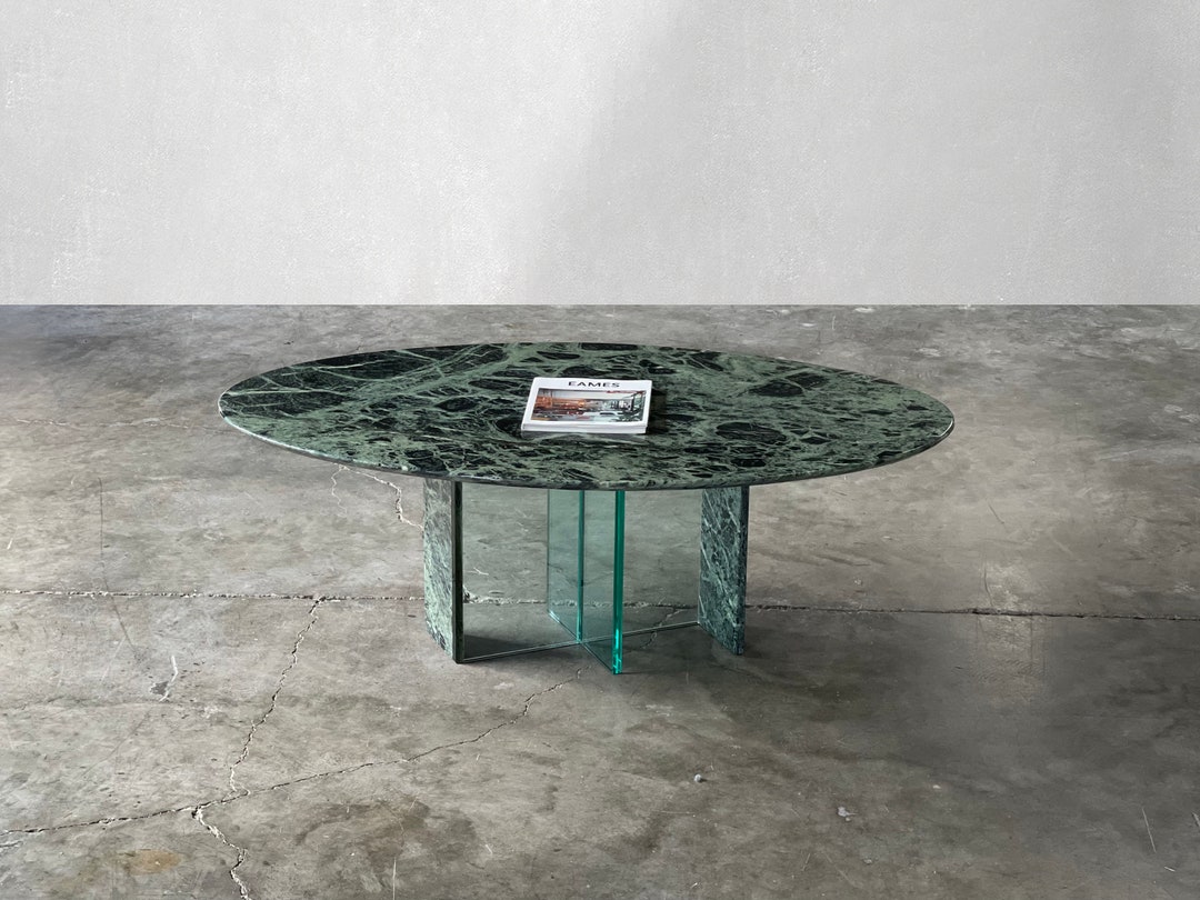 Green Marble Oval Coffee Table With Marble and Glass Base Etsy