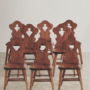 Set of 8 Vintage Brutalist Tyrolean Oak Dining Chairs