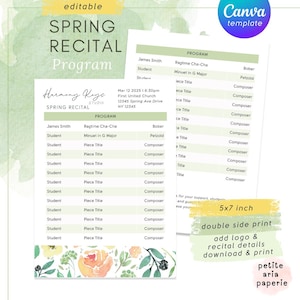 May include: A spring recital program template with the text "SPRING RECITAL Program" and "Harmony Keys STUDIO SPRING RECITAL". The program includes a list of performers and musical pieces. The template is 5x7 inches and can be double-sided.