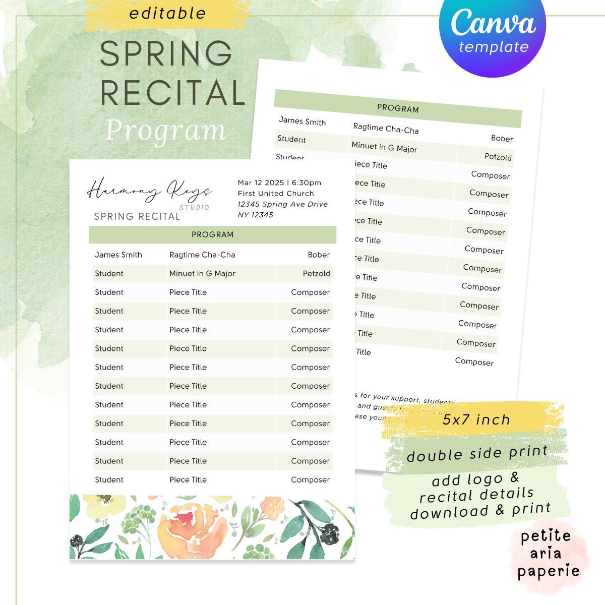 Spring Concert Recital Program Spring Recital Program Canva Template | Editable Music Program | 5×7 ...