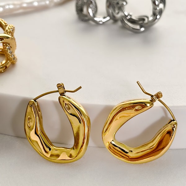 18K Gold Plated Irregular Hoop Earrings. Silver Hoop Earrings. Medium Statement Earrings. Gold Hoop Earrings. Huggies Earrings. Tarnish Free
