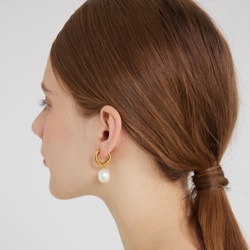 18k Gold Plated Freshwater Pearl Hoop Earrings image 3