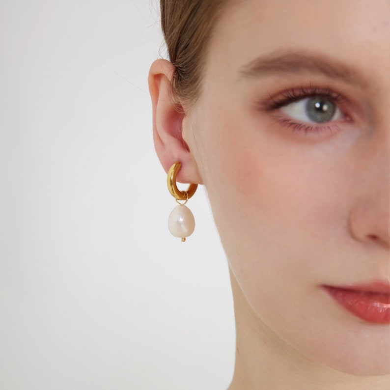 18k Gold Plated Freshwater Pearl Hoop Earrings image 1
