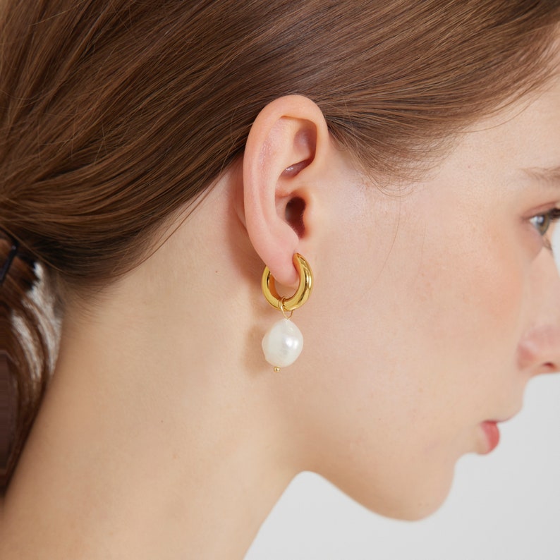 18k Gold Plated Freshwater Pearl Hoop Earrings image 4