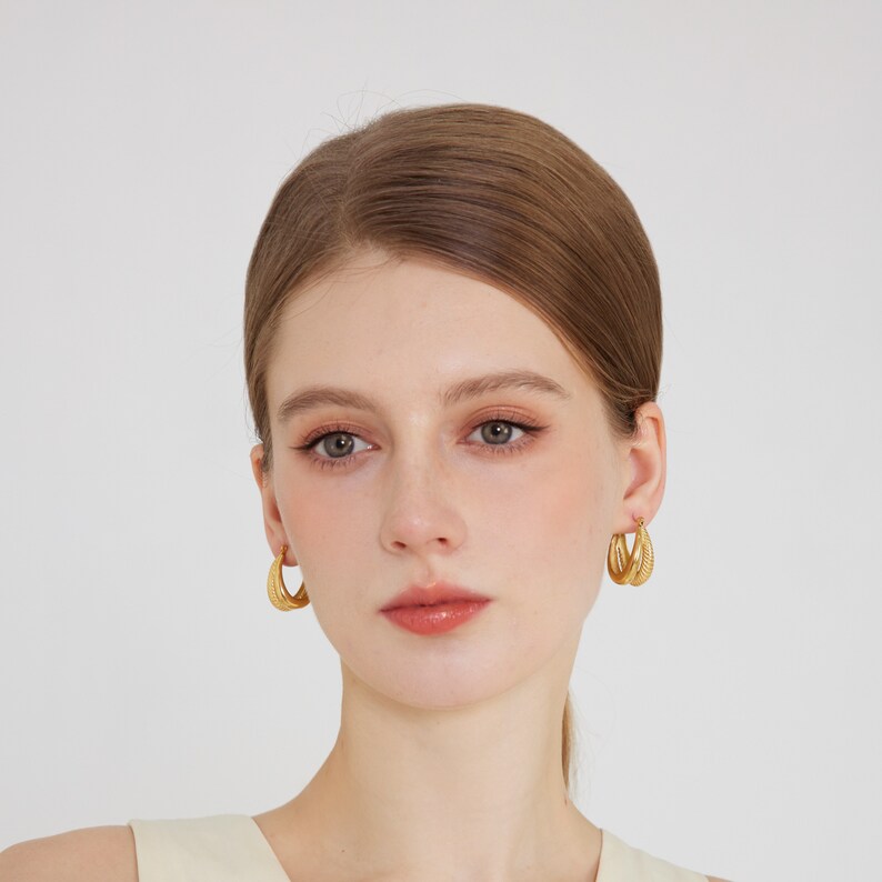18k Gold Plated Chunky Double Layered Earrings image 2