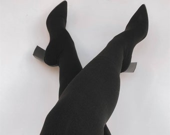 Luscious London Samira Black Block Heeled Stretch Socks Long Boots