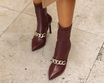 Luscious London Austin Bordeaux Chain And Zip Detailed Heeled Ankle Boots