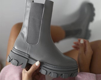 Luscious London Diana Grey Stretch Insert Chunky Ankle Boots