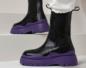 Luscious London Bella Purple Stretch Insert Chunky Ankle Boots