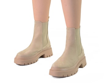 Luscious London Venus Beige Suede Chunky Ankle Boots