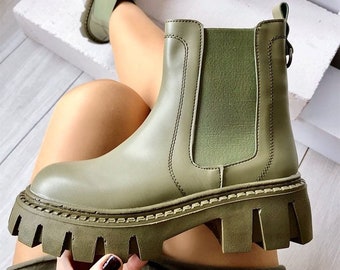 Luscious London Alexis Green Stretch Insert Chunky Ankle Boots