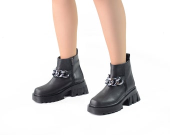 Luscious London Sia Black Chain Detailed Zip Chunky Ankle Boots