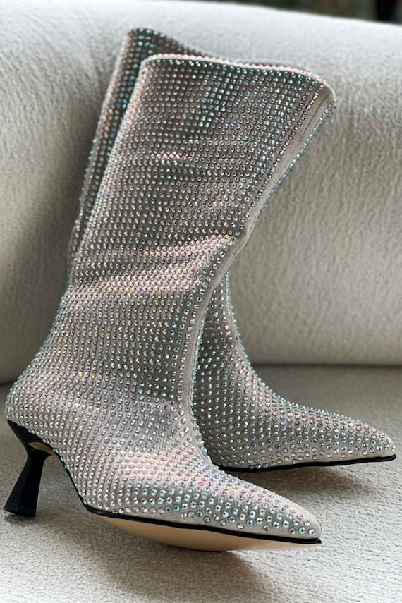 Luscious London Donna Grey Diamond Detailed Mid Heeled Long Boots Etsy