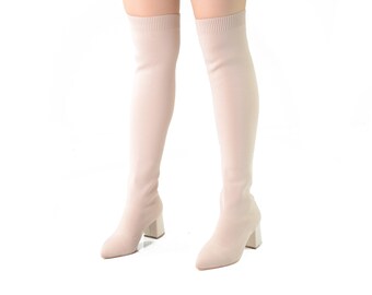 Luscious London Samira Beige Block Heeled Stretch Socken Long Boots