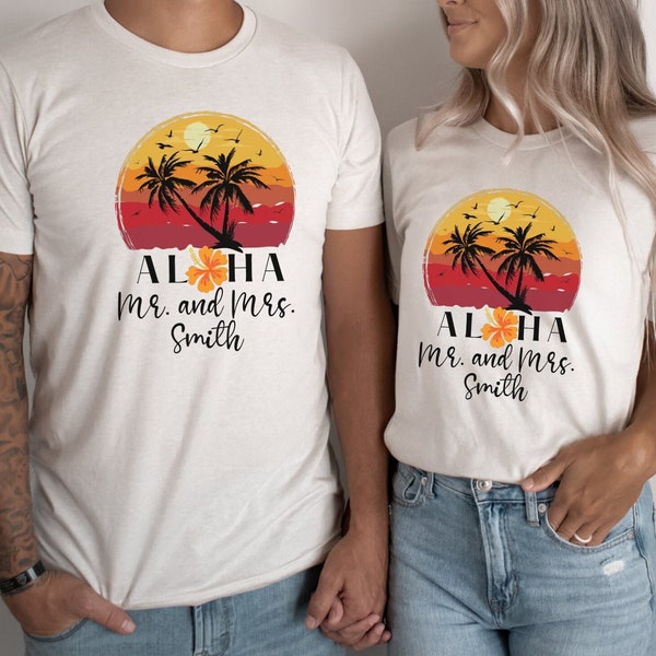 Custom Hawaii Mr. and Mrs. Honeymoon T-Shirt, Personalized Hawaiian Islands Honeymoon' Matching Shirts, Mr. And Mrs. Newly Married Trip Tees
