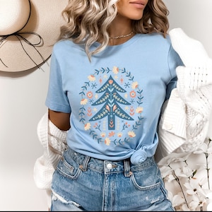 Hygge Cottagecore Christmas T-Shirt Gifts, Scandinavian Nordic Holiday Shirts, Folk Art Xmas Tree Women's Apparel, Unique Trending X-mas Tee