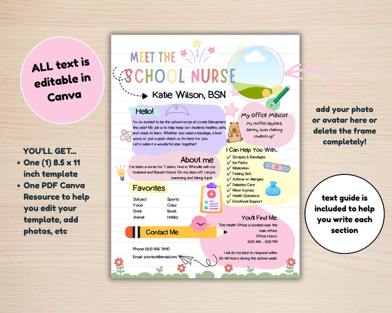 School Nurse Printable, Meet the School Nurse, All About Me for Back to School, Open House, or New School Nurse Newsletter Template image 2