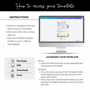 May include: A digital instructional graphic titled How to access your template, featuring a computer monitor displaying a science-themed invitation template. The text outlines steps for editing in Canva or Templett, including purchase, edit, download, and print icons.