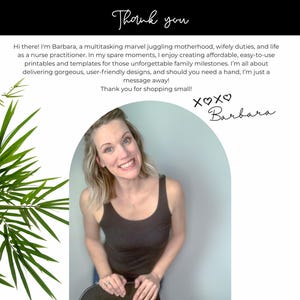 May include: A white card with a black header reading Thank you. Text introduces Barbara, a nurse practitioner who creates printables and templates. A photo shows a person in a dark brown tank top. Green bamboo leaves are on the left side.