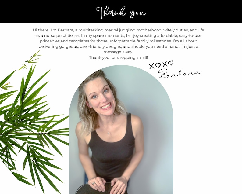May include: A white card with a black header reading Thank you. Text introduces Barbara, a nurse practitioner who creates printables and templates. A photo shows a person in a dark brown tank top. Green bamboo leaves are on the left side.