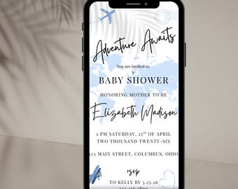 Passport baby shower invitation animated, baby shower evite for boys, Adventure Awaits baby shower invite, blue, travel baby shower,