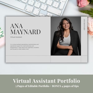 May include: A digital portfolio template for a virtual assistant featuring a light gray background, black text reading ANA MAYNARD, and a photograph of a person in a black blazer and white top. The text includes professional service details.