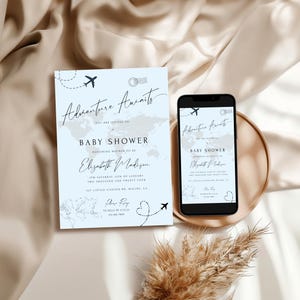 Passport baby shower invitation, baby shower evite for boys, Adventure Awaits bay shower invite, blue, travel baby shower, editable, digital image 1