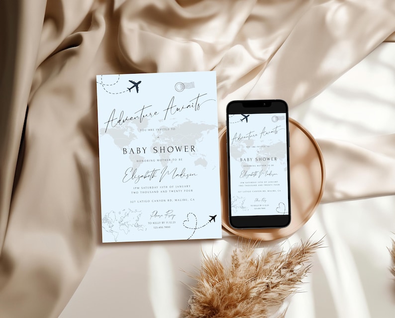 Passport baby shower invitation, baby shower evite for boys, Adventure Awaits bay shower invite, blue, travel baby shower, editable, digital image 1