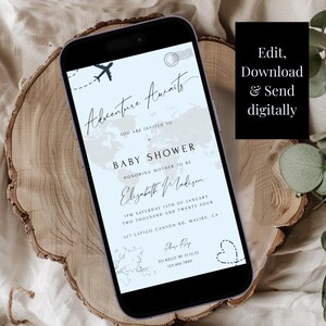 May include: A digital baby shower invitation with a blue and white background. The invitation features a world map with a plane flying over it. The text on the invitation reads "Adventure Awaits" and "Baby Shower".