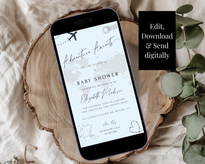 May include: A digital baby shower invitation with a blue and white background. The invitation features a world map with a plane flying over it. The text on the invitation reads "Adventure Awaits" and "Baby Shower".