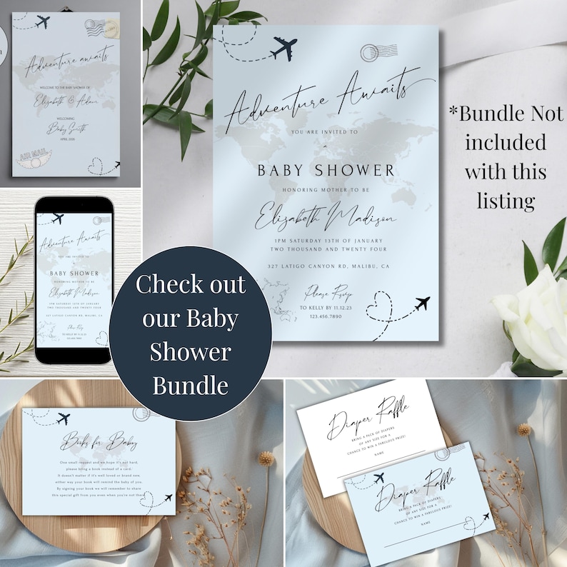 Passport baby shower invitation, baby shower evite for boys, Adventure Awaits bay shower invite, blue, travel baby shower, editable, digital image 6