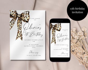 13e verjaardagsuitnodiging Leopard Coquette Bow (digitaal)