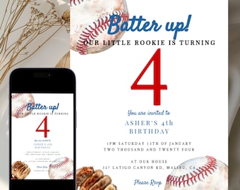 May include: Baseball-themed birthday invitation with a red number 4, watercolour baseballs, and a baseball glove. The text reads "Batter up! Our little rookie is turning 4. You are invited to Asher's 4th Birthday. 1 PM Saturday 13th of January Two Thousand and Twenty Four at our house 327 Latigo Canyon Rd, Malibu, CA. Please RSVP to Kelly by 11.12.23"