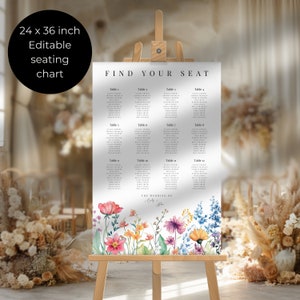 Wildflower Wedding sign | Ceremony Seating chart | 24x36 inch boho seating sign | Editable poster for DIY Bride