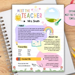May include: A Meet the Teacher template featuring colorful illustrations of a sun, rainbow, book, and pencil. The document includes sections for a teacher introduction, about me, favorites, and contact information with placeholders for text.