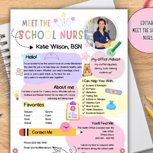 School Nurse Printable, Meet the School Nurse, All About Me for Back to School, Open House, or New School Nurse Newsletter Template. Great for school bulletin board