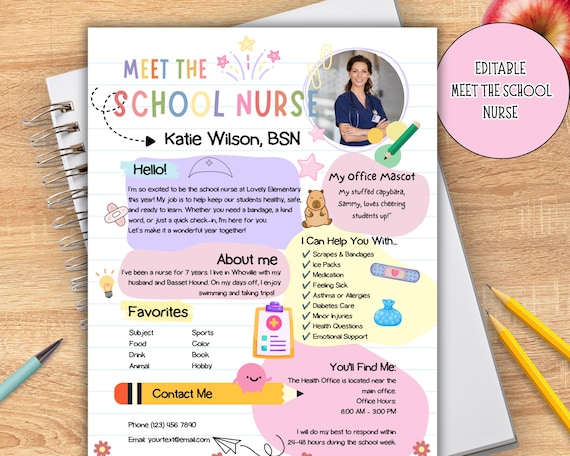 School Nurse Printable, Meet the School Nurse, All About Me for Back to School, Open House, or New School Nurse Newsletter Template