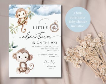 Safari Baby Shower Invitation, Monkey Compass Design (Digital)